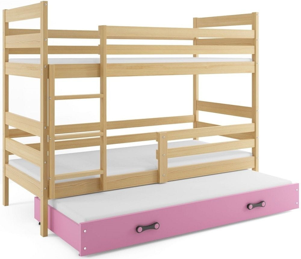 eoshop Poschodová posteľ s prístelkou ERYK 3 90x200 cm, borovica/ružová